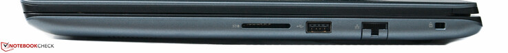 A destra: lettore schede SD, 1 porta USB, 1 porta Ethernet, Noble security