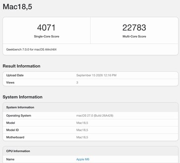 Risultato di Apple M6 su Geekbench 7.