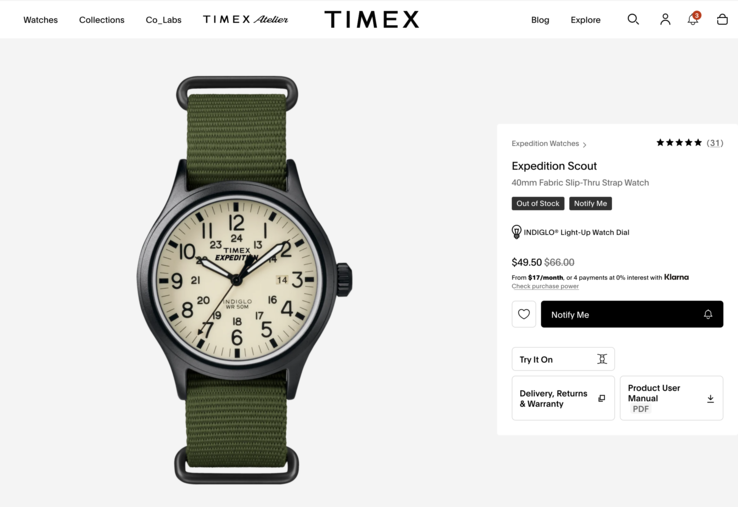 Questo modello Timex Expedition Scout, ad esempio, ha un prezzo di 50 dollari. Peccato però che sia esaurito.