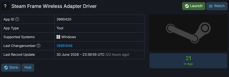 Driver dell'adattatore wireless Steam Frame presente su SteamDB.