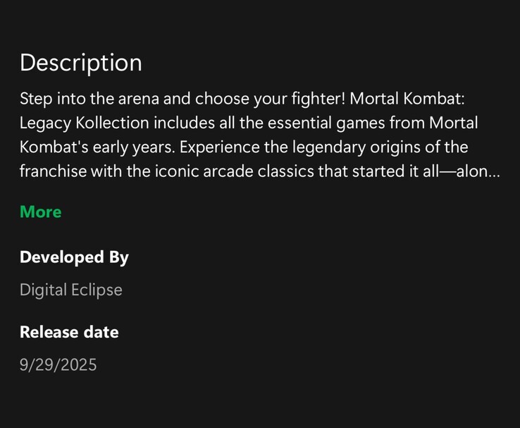 L'annuncio trapelato dell'app Xbox per Mortal Kombat: Legacy Kollection rivela un'uscita il 29 settembre 2025 (Fonte immagine: u/ByrdofMemes via Imgur, originariamente condiviso su Reddit)