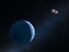 Un'illustrazione che mostra un esopianeta e due stelle rosse.