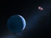 Un'illustrazione che mostra un esopianeta e due stelle rosse.