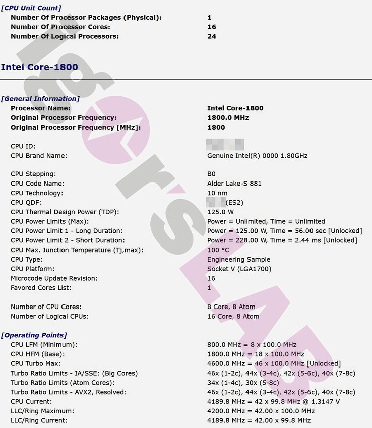 Presunte specifiche tecniche di Intel Alder Lake-S Core-1800 ES. (Fonte: Igor'sLAB)