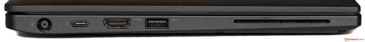 Lato sinistro: power, USB 3.1 Gen1 Type C con DP, HDMI 1.4, USB 3.1 Gen1 con Powershare, lettore di smart card