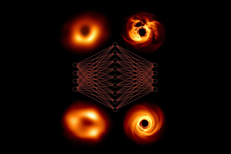 Rappresentazione concettuale di una rete neurale che collega le osservazioni ai modelli. (Fonte: Collaborazione EHT/Janssen e al)
