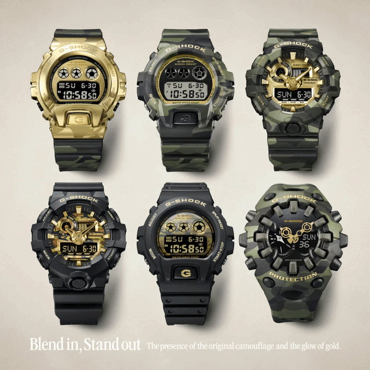 Il G-Shock GM-6900CMG-3, il DW-6900CMG-3, il GA-700CMG-3AJF, il GA-700CF-1A, il DW-6900CF-1 e il GA-V01CMG-3A (i nomi partono dall'alto a sinistra e vanno a destra)