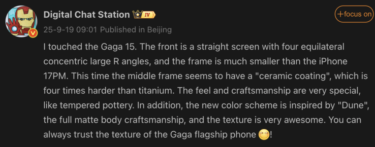Informazioni trapelate sul OnePlus 15. (Fonte immagine: Weibo - traduzione automatica)