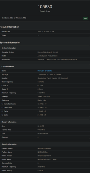 Prestazioni OpenCL di Nvidia GeForce RTX 4060 (immagine via Geekbench)
