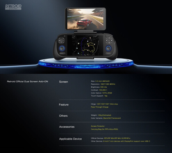 Il Retroid Dual Screen Add-on ha un display touch e supporta la ricarica passthrough. (Fonte: Retroid)