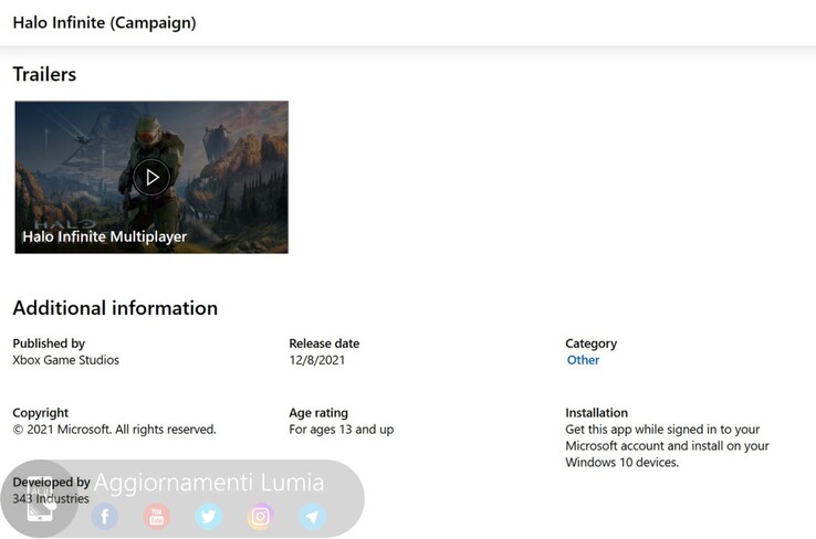 Annuncio di Halo Infinite sul Microsoft Store (immagine via Aggiornamenti Lumia)