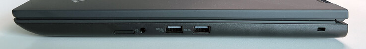 A destra: Slot per scheda SIM (opzionale), jack audio da 3,5 mm, USB-A 3.2 Gen. 1 (5 GBit/s, alimentato), USB-A 3.2 Gen. 1 (5 GBit/s), slot Kensington