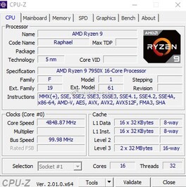 AMD Ryzen 9 7950X - CPU-Z. (Fonte: Weibo)