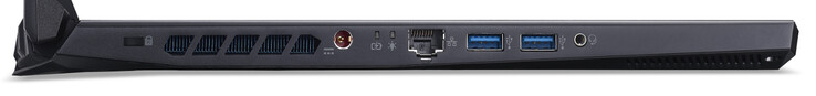 Lato sinistro: Kensington lock, alimentazione, porta Gigabit Ethernet, due porte USB 3.2 Gen 1 (Type-A), jack combinato cuffie/microfono
