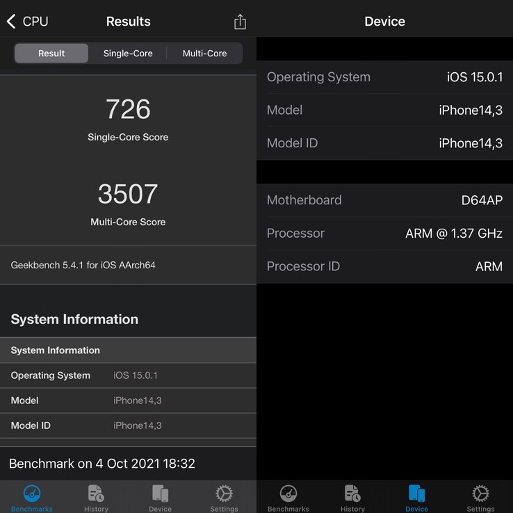 iPhone 13 Pro Max modalità a basso consumo Geekbench 5 risultato. (Immagine: Notebookcheck)