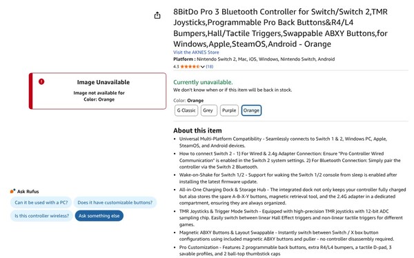 Il controller Bluetooth 8BitDo Pro 3 sarà disponibile in arancione, secondo questo annuncio di Amazon. (Fonte immagine: Amazon)