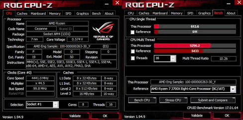 Prototipo AMD Ryzen 7 5700G CPU-Z benchmark. (Fonte immagine: QQ via Videocardz)