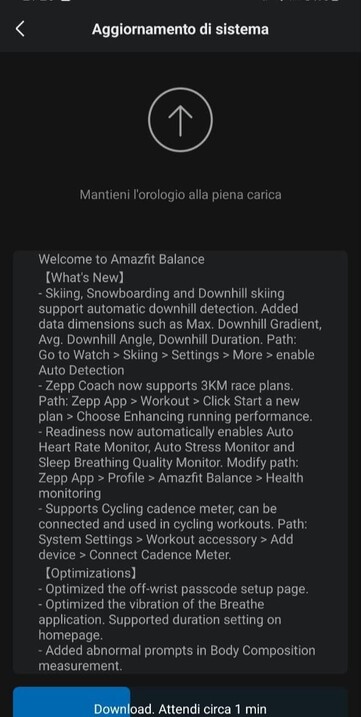 L'aggiornamento Amazfit Balance 3.16.4.3. (Fonte immagine: Matteo Calori via Facebook)