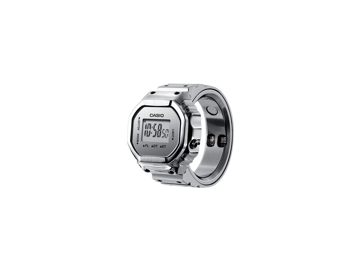 Vista obliqua dell’orologio smart Casio CRW-H001M-8 in argento, che mostra il display digitale e i sensori per il monitoraggio della salute all’interno dell’anello.