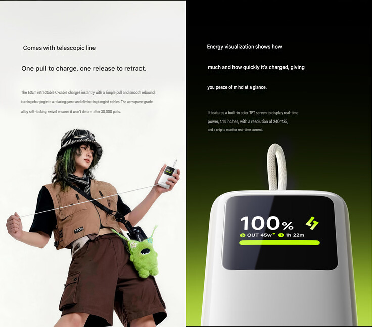 Il cavo integrato e lo schermo del power bank da 45 W (traduzione automatica)