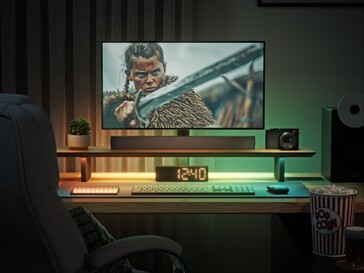 Supporto per monitor LED intelligente con illuminazione d'ambiente per la visione di film.
