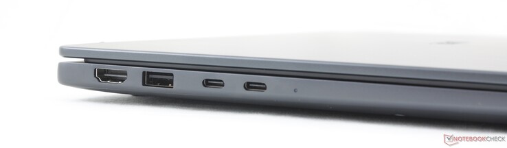 A sinistra: HDMI 2.1, USB-A 3.2 Gen. 1 (5 Gbps), 2x USB-C Thunderbolt 4 con DisplayPort 2.1 + Power Delivery (100 W)