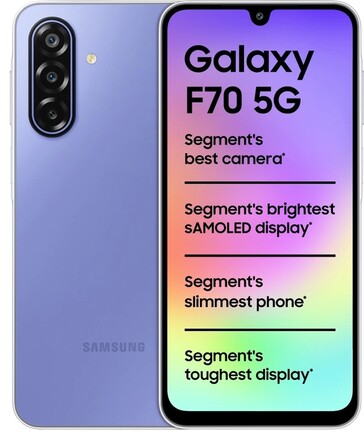 Samsung Galaxy F70 5G in viola, mostrato frontalmente e posteriormente