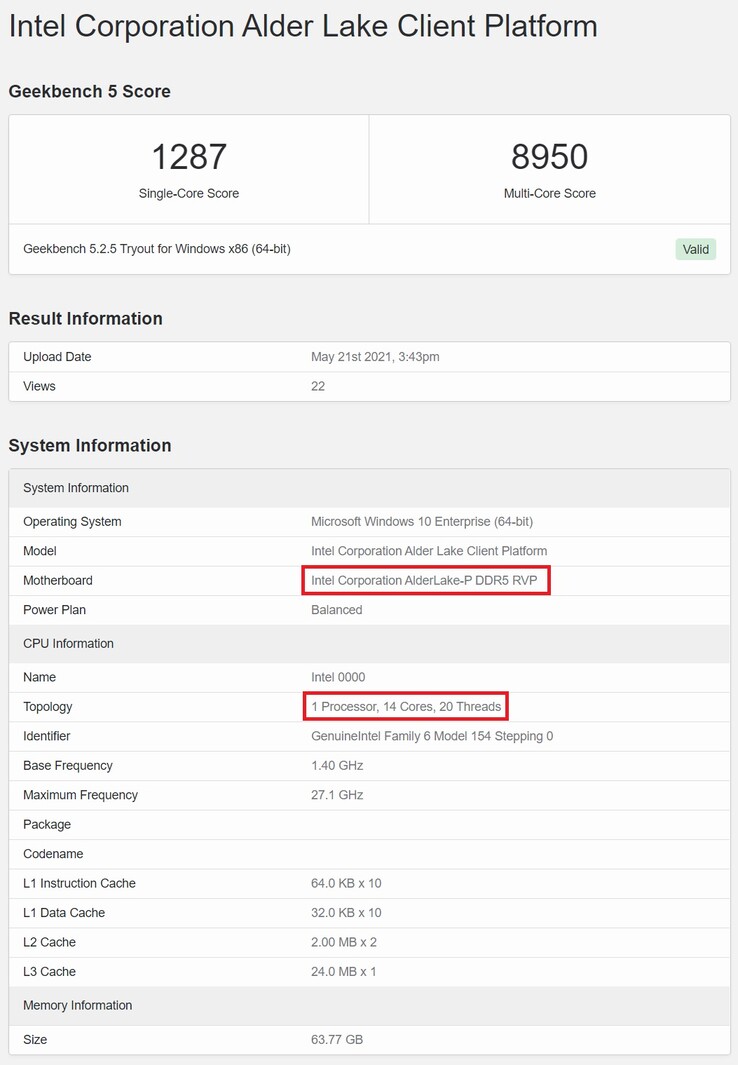 Campione di Alder Lake-P su Geekbench. (Fonte: Geekbench)