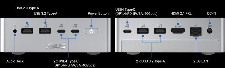 Porte del mini PC Asus Ascent QN10 - anteriore e posteriore.
