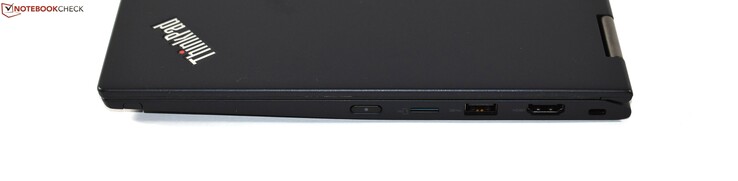 A destra: ThinkPad Pen, lettore di schede microSD, 1x USB 3.1 Gen 1 Type-A, HDMI, Kensington lock