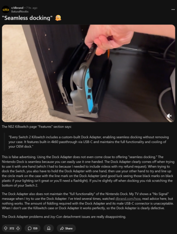 Problema del dock della custodia di Killswitch Switch 2 (Fonte immagine: screenshot, subreddit Switch 2)