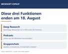 Immagine che elenca le tre funzionalità di Copilot: Deep Research, Podcast e chat di gruppo, con scadenza il 18 agosto 2026