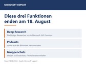 Immagine che elenca le tre funzionalità di Copilot: Deep Research, Podcast e chat di gruppo, con scadenza il 18 agosto 2026