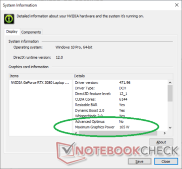 Le informazioni sul sistema Maingear Vector Pro Nvidia dichiarano un TGP di 165 W