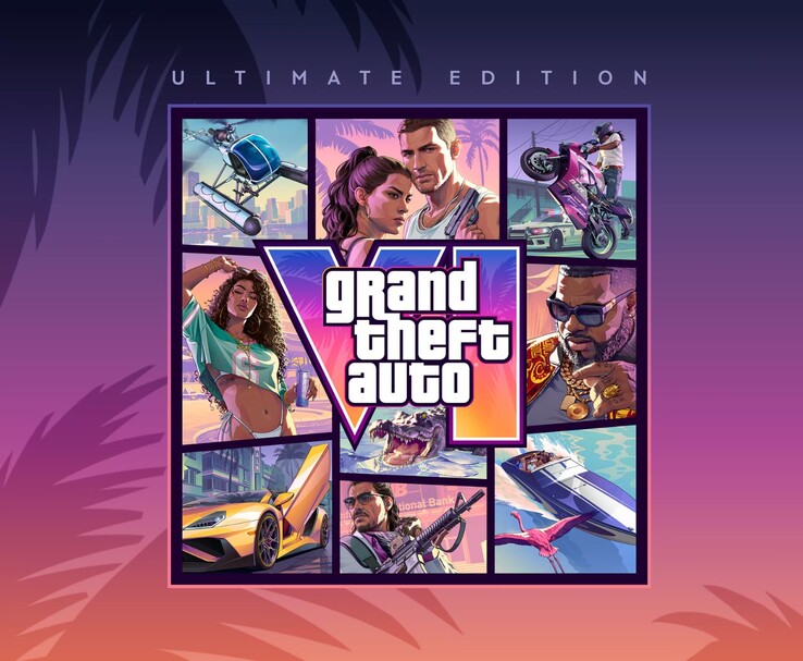 Illustrazione della Ultimate Edition di Grand Theft Auto VI con personaggi e veicoli di GTA 6 e il logo del gioco.