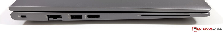 Sinistra: slot di sicurezza Kensington Nano, Ethernet, USB-A 3.2 Gen.1 (5 Gbps, alimentato), HDMI 2.0b, lettore SmartCard