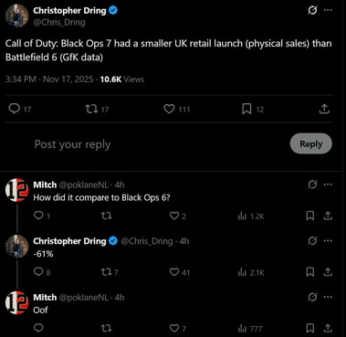 Le vendite di Call of Duty: Black Ops 7 nel Regno Unito (Fonte immagine: screenshot, account Christopher Dring X)