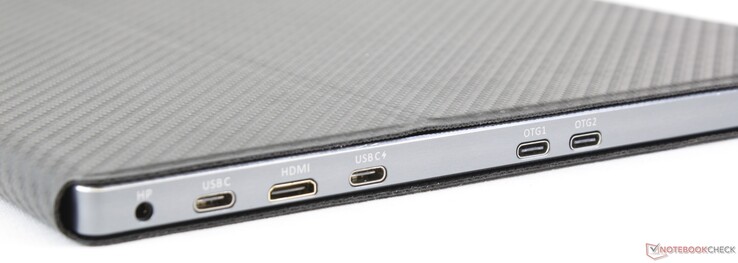 A destra: jack da 3.5 mm per cuffie, USB Type-C, mini-HDMI, USB Type-C Power Delivery, 2x USB Type-C OTG