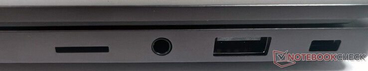 A destra: 1x microSD, 1x audio/mic combinato (3,5 mm), 1x USB 3.2 Gen1 Typ-A, 1x Kensington