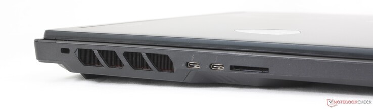 A sinistra: lucchetto Kensington, 2x USB-C Thunderbolt 4 con DisplayPort + Power Delivery, lettore di schede SD