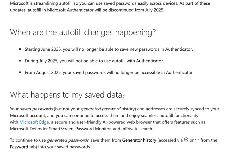 Schermata delle modifiche alla memorizzazione delle password di Microsoft Authenticator. (Fonte immagine: Microsoft)
