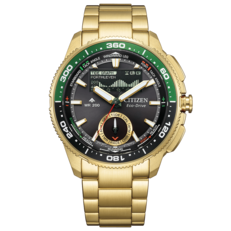Immagine frontale del prodotto Citizen Promaster Wave Tracker JV3002-51E di colore oro, con accenti verdi sulla lunetta e bracciale in acciaio inossidabile.