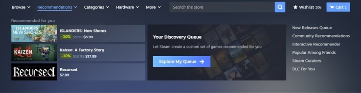 La nuova area di raccomandazione si basa su fattori come il tempo di gioco, gli acquisti precedenti e le raccomandazioni degli amici. (Fonte: Steam)