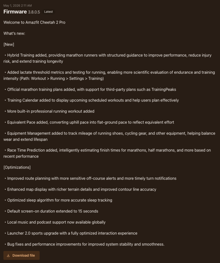 Il registro delle modifiche per la versione firmware 3.8.0.5 per lo smartwatch Amazfit Cheetah 2 Pro