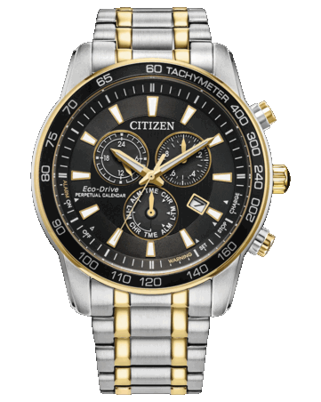Cronografo Citizen Classic Eco-Drive con quadrante nero, cassa e bracciale bicolore in acciaio inossidabile da 44 mm, lunetta tachimetrica, tre contatori e datario.