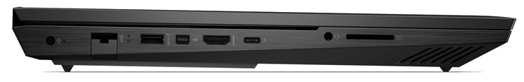 A sinistra: alimentazione, Gigabit Ethernet, USB 3.2 Gen 1 (USB-A), Mini DisplayPort, HDMI 2.1, Thunderbolt 4 (USB-C; Power Delivery, DisplayPort), audio combo, lettore di schede di memoria (SD)