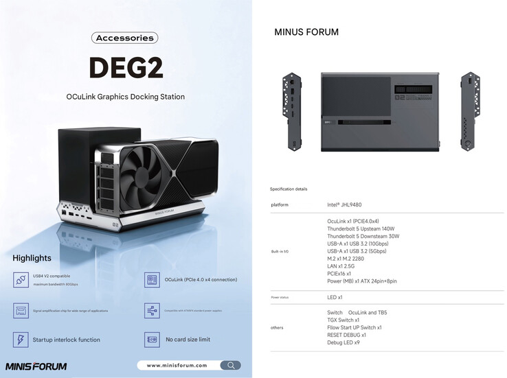 Le specifiche principali del dock eGPU DEG2 (Fonte immagine: Minisforum - traduzione automatica)