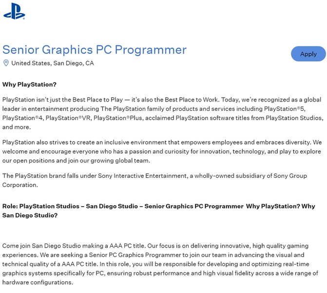 Viene mostrato l'annuncio di lavoro di Sony San Diego Studio (Fonte: screenshot, Greenhouse)