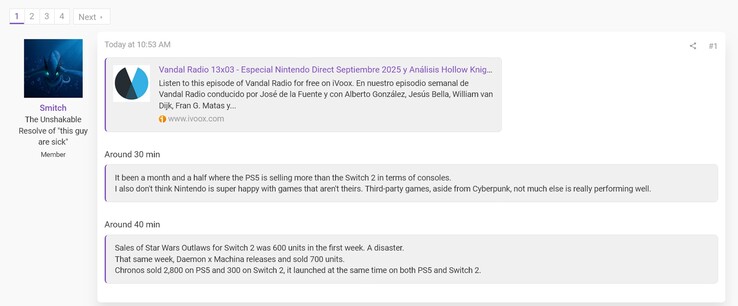 Vendite di console Switch 2 e PS5 in Spagna dal podcast Vandal (Fonte immagine: screenshot, forum Smitch@ResetEra)