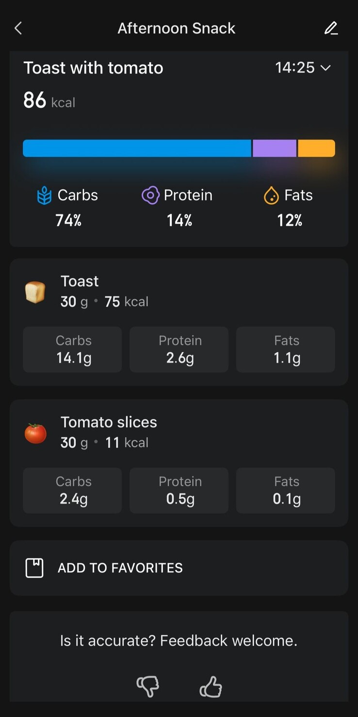 Una schermata della funzione aggiornata del Diario alimentare nell'App Zepp. (Fonte: Zepp App)